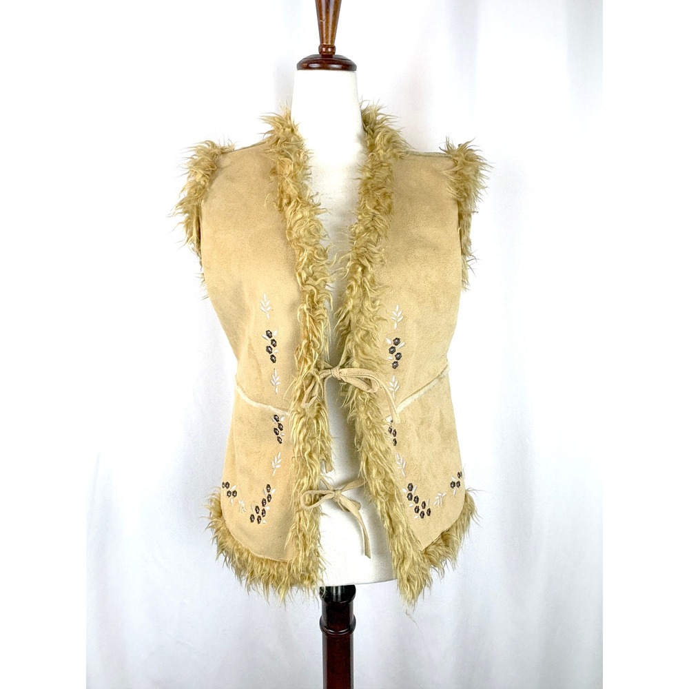 Baccini Penny Lane Boho Western Faux Fur Trim Embroidered Vest M